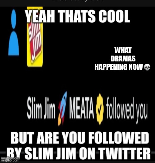 Slim jim twitter | WHAT DRAMAS HAPPENING NOW💀 | image tagged in slim jim twitter | made w/ Imgflip meme maker