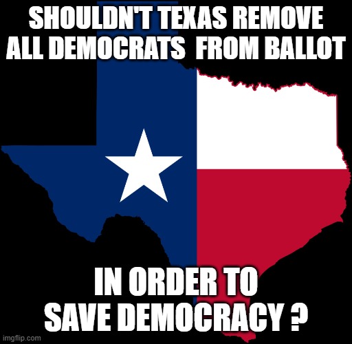 MAINE REMOVES TRUMP FROM BALLOT | SHOULDN'T TEXAS REMOVE ALL DEMOCRATS  FROM BALLOT; IN ORDER TO SAVE DEMOCRACY ? | image tagged in texas map | made w/ Imgflip meme maker
