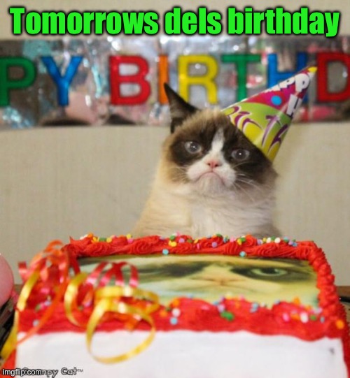 Grumpy Cat Birthday | Tomorrows dels birthday | image tagged in memes,grumpy cat birthday,grumpy cat | made w/ Imgflip meme maker