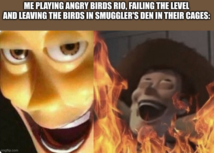 How to be cruel: | ME PLAYING ANGRY BIRDS RIO, FAILING THE LEVEL AND LEAVING THE BIRDS IN SMUGGLER'S DEN IN THEIR CAGES: | image tagged in evil woody,angry birds,angry birds rio | made w/ Imgflip meme maker