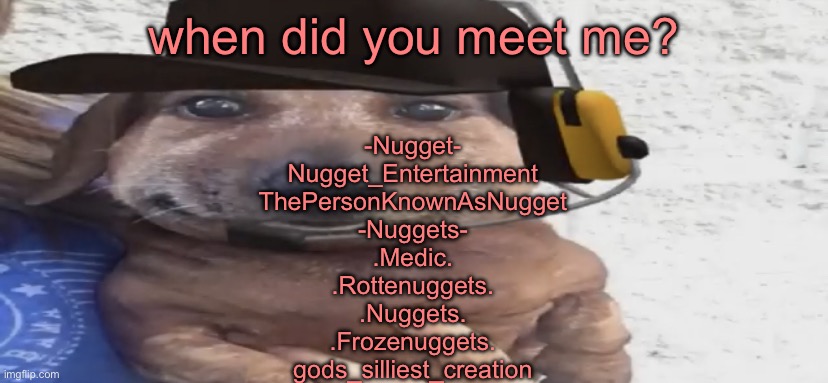 chucklenuts | when did you meet me? -Nugget-
Nugget_Entertainment
ThePersonKnownAsNugget
-Nuggets-
.Medic.
.Rottenuggets.
.Nuggets.
.Frozenuggets.
gods_silliest_creation | image tagged in chucklenuts | made w/ Imgflip meme maker