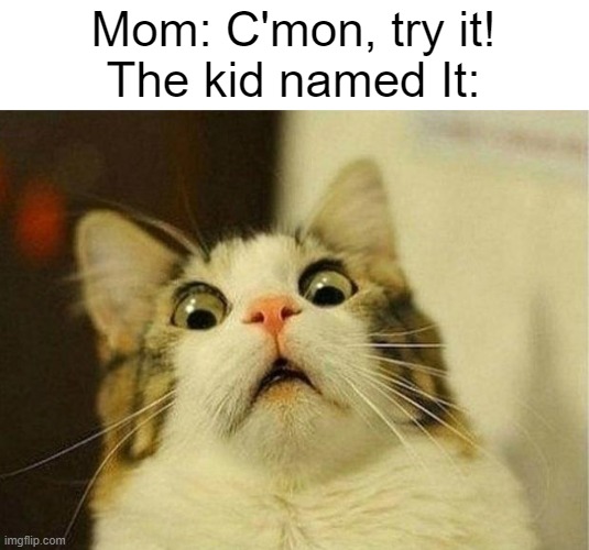Kannibalism | Mom: C'mon, try it!
The kid named It: | image tagged in memes,scared cat,help me,oh no | made w/ Imgflip meme maker