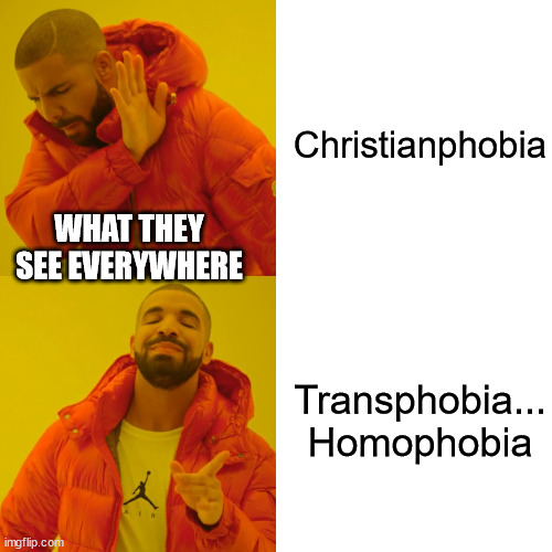 Drake Hotline Bling Meme | Christianphobia Transphobia... Homophobia WHAT THEY SEE EVERYWHERE | image tagged in memes,drake hotline bling | made w/ Imgflip meme maker