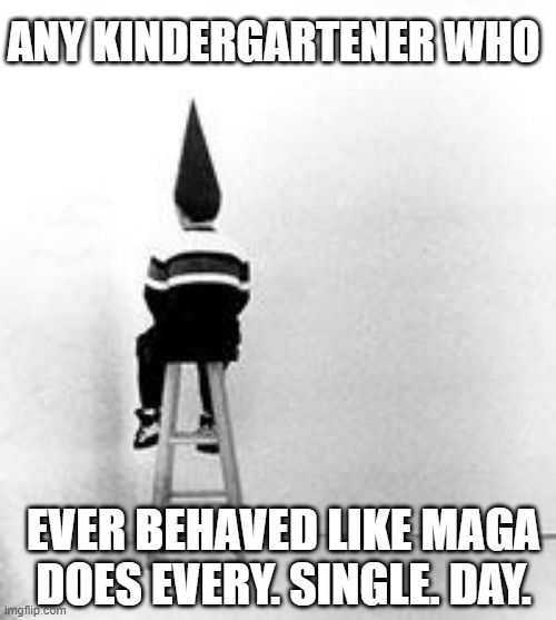 Even Kids Know Better. | ANY KINDERGARTENER WHO; EVER BEHAVED LIKE MAGA 
DOES EVERY. SINGLE. DAY. | image tagged in maga,trump,trump dunce,donald trump,maga morons,maga liars | made w/ Imgflip meme maker