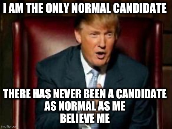 Donald Trump | I AM THE ONLY NORMAL CANDIDATE THERE HAS NEVER BEEN A CANDIDATE 
AS NORMAL AS ME 
BELIEVE ME | image tagged in donald trump | made w/ Imgflip meme maker