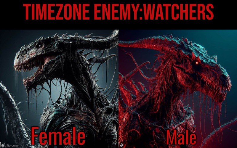 Timezone Enemy:Watchers(male and female) | timezone enemy:Watchers; Female; Male | image tagged in timezone,game,cartoon,movie,idea,enemies | made w/ Imgflip meme maker