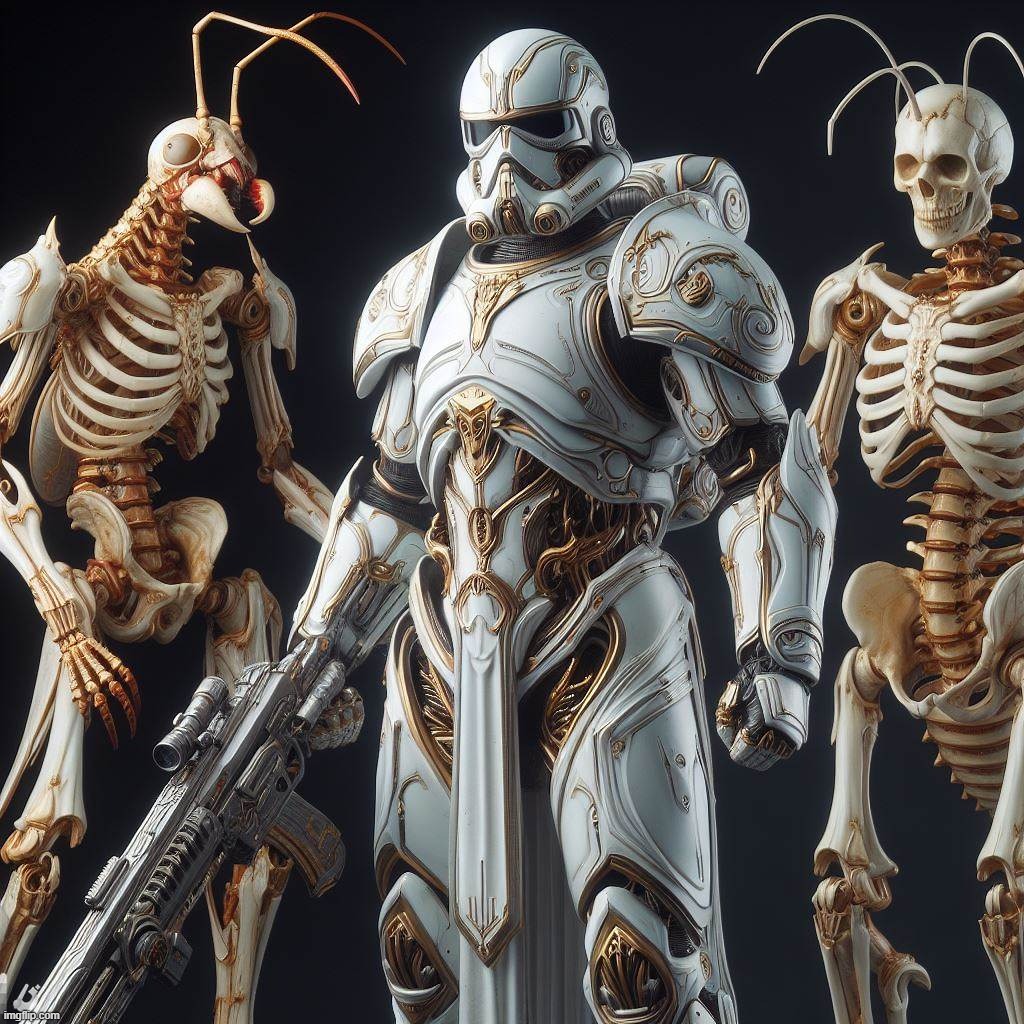 Ai Bing: "Bio Organic, White trooper armor based on a Persian Immortal, Human Skeleton, & Termite." (Imperial Remnant Commando?) | image tagged in ai generated,stormtrooper,persian,termite,skeleton,knight armor | made w/ Imgflip meme maker