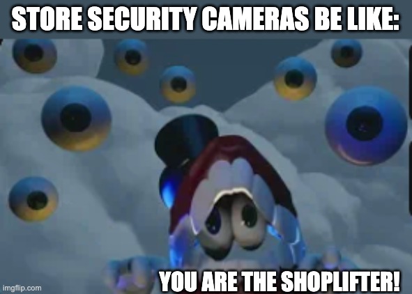 STORE SECURITY CAMERAS BE LIKE:; YOU ARE THE SHOPLIFTER! | image tagged in security cameras,store,1984,surveillance,orwell,orwellian | made w/ Imgflip meme maker