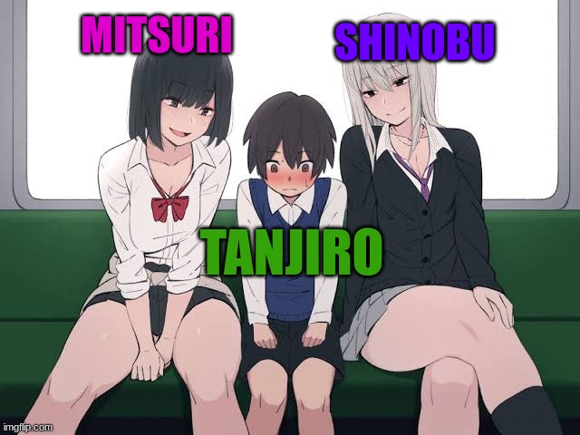 tanjiro with girls | MITSURI; SHINOBU; TANJIRO | image tagged in suggestive train | made w/ Imgflip meme maker
