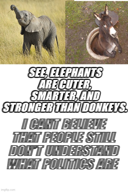 ._. | SEE, ELEPHANTS ARE CUTER, SMARTER, AND STRONGER THAN DONKEYS. I CANT BELIEVE THAT PEOPLE STILL DON’T UNDERSTAND WHAT POLITICS ARE | image tagged in funny,politics,animals | made w/ Imgflip meme maker