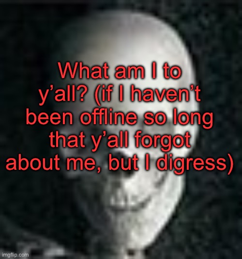 Besides skeleton | What am I to y’all? (if I haven’t been offline so long that y’all forgot about me, but I digress) | image tagged in skull | made w/ Imgflip meme maker