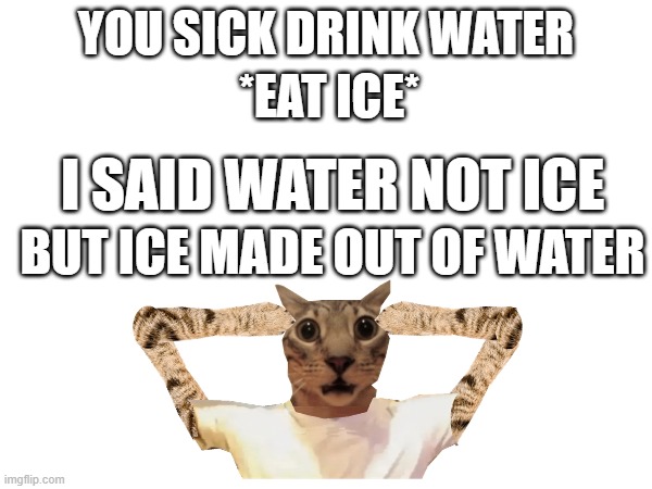 :O | *EAT ICE*; YOU SICK DRINK WATER; I SAID WATER NOT ICE; BUT ICE MADE OUT OF WATER | made w/ Imgflip meme maker