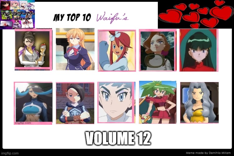 top 10 waifus volume 12 | VOLUME 12 | image tagged in top 10 waifus,waifu,pokemon,nintendo,captain obvious | made w/ Imgflip meme maker