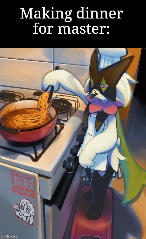 I lost a bet | Making dinner for master: | image tagged in meowscarada cooking pasta | made w/ Imgflip meme maker
