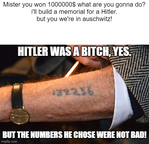Mister you won 1000000$ what are you gonna do?
i'll build a memorial for a Hitler.
but you we're in auschwitz! HITLER WAS A BITCH, YES. BUT THE NUMBERS HE CHOSE WERE NOT BAD! | image tagged in memes,dark humor,nazi | made w/ Imgflip meme maker