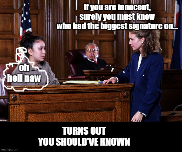 Courtroom | If you are innocent,
surely you must know
who had the biggest signature on... oh hell naw TURNS OUT
YOU SHOULD'VE KNOWN | image tagged in courtroom | made w/ Imgflip meme maker