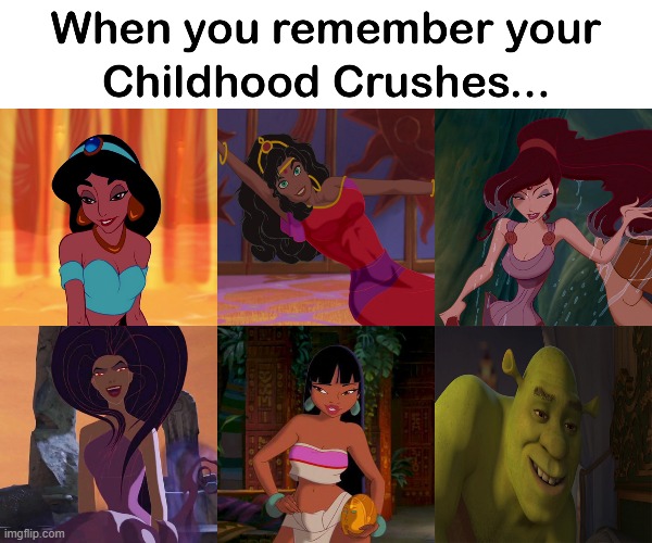 Personally, I never had crushes. (Image from Reddit) | image tagged in childhood,crush,memes,funny memes,funny,shrek | made w/ Imgflip meme maker