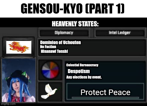 GENSOU-KYO (PART 1); Dominion of Uchouten; No Faction; Hinanawi Tenshi; Celestial Bureaucracy; Despotism; Any elections by event. Protect Peace | image tagged in memes,heaven,lad | made w/ Imgflip meme maker