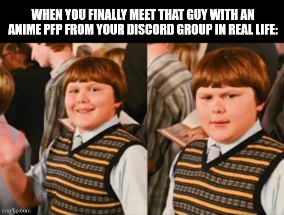 WHEN YOU FINALLY MEET THAT GUY WITH AN ANIME PFP FROM YOUR DISCORD GROUP IN REAL LIFE: | image tagged in memes,group,lol | made w/ Imgflip meme maker