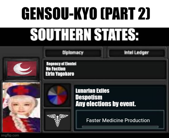 GENSOU-KYO (PART 2); Regency of Eientei; No Faction; Eirin Yagokoro; Lunarian Exiles; Despotism; Any elections by event. Faster Medicine Production | image tagged in memes,meds,girls | made w/ Imgflip meme maker