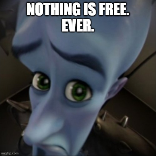 Megamind peeking | NOTHING IS FREE.
EVER. | image tagged in megamind peeking | made w/ Imgflip meme maker