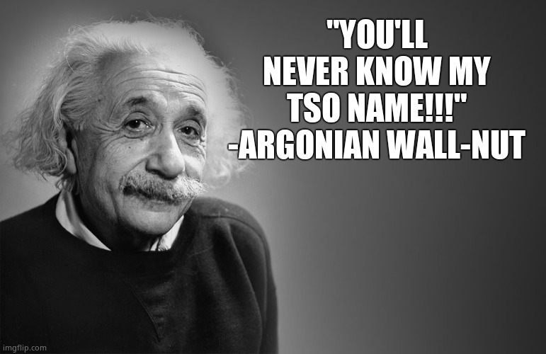 albert einstein quotes | "YOU'LL NEVER KNOW MY TSO NAME!!!"
-ARGONIAN WALL-NUT | image tagged in albert einstein quotes | made w/ Imgflip meme maker