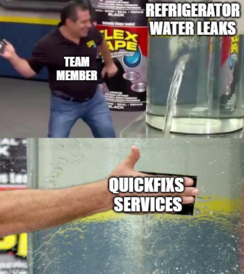 quickfixs services | REFRIGERATOR WATER LEAKS; TEAM MEMBER; QUICKFIXS  SERVICES | image tagged in flex tape,funny memes,memes,funny,fun,customer service | made w/ Imgflip meme maker