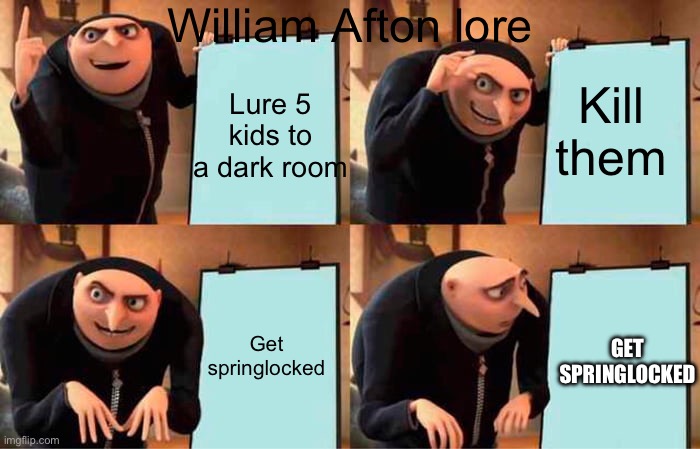 Gru's Plan Meme | William Afton lore; Kill them; Lure 5 kids to a dark room; Get springlocked; GET SPRINGLOCKED | image tagged in memes,gru's plan | made w/ Imgflip meme maker