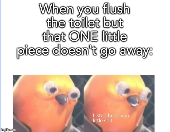 Relatable | When you flush the toilet but that ONE little piece doesn't go away: | image tagged in listen here you little shit,upvotes,memes,funny | made w/ Imgflip meme maker