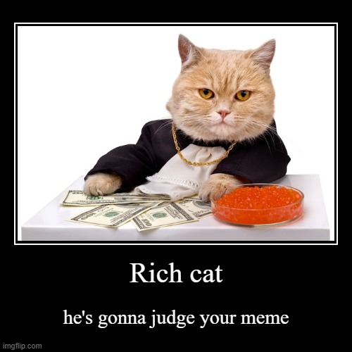 Rich cat | he's gonna judge your meme | image tagged in demotivationals,cats | made w/ Imgflip demotivational maker