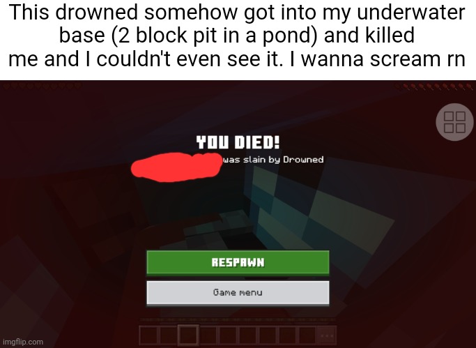 This is why I play with keepinventory | This drowned somehow got into my underwater base (2 block pit in a pond) and killed me and I couldn't even see it. I wanna scream rn | image tagged in minecraft | made w/ Imgflip meme maker