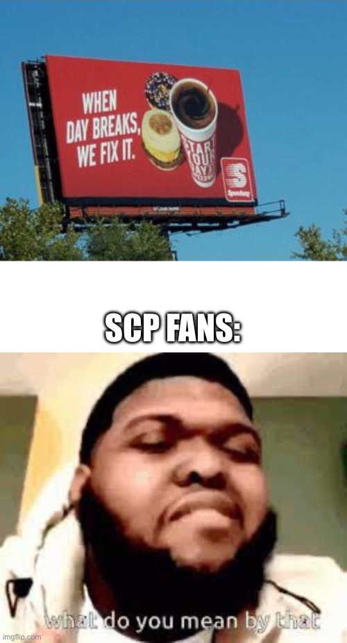SCP FANS: | image tagged in when day breaks,what do you mean by that | made w/ Imgflip meme maker