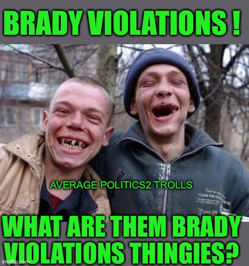 Yep | BRADY VIOLATIONS ! AVERAGE POLITICS2 TROLLS; WHAT ARE THEM BRADY VIOLATIONS THINGIES? | image tagged in memes,ugly twins,democrats | made w/ Imgflip meme maker