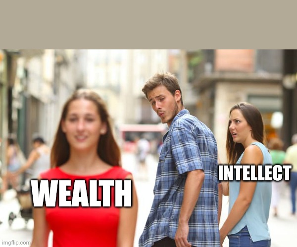 Distracted Boyfriend | INTELLECT; WEALTH | image tagged in memes,distracted boyfriend | made w/ Imgflip meme maker