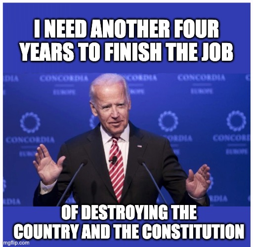 Joebama | I NEED ANOTHER FOUR YEARS TO FINISH THE JOB; OF DESTROYING THE COUNTRY AND THE CONSTITUTION | image tagged in no to joe,dementia joe | made w/ Imgflip meme maker
