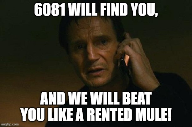 Liam neeson phone call | 6081 WILL FIND YOU, AND WE WILL BEAT YOU LIKE A RENTED MULE! | image tagged in liam neeson phone call | made w/ Imgflip meme maker