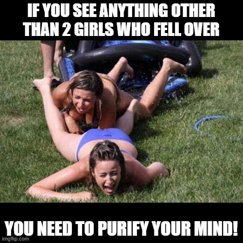 Fell Over | IF YOU SEE ANYTHING OTHER THAN 2 GIRLS WHO FELL OVER; YOU NEED TO PURIFY YOUR MIND! | image tagged in sex jokes | made w/ Imgflip meme maker