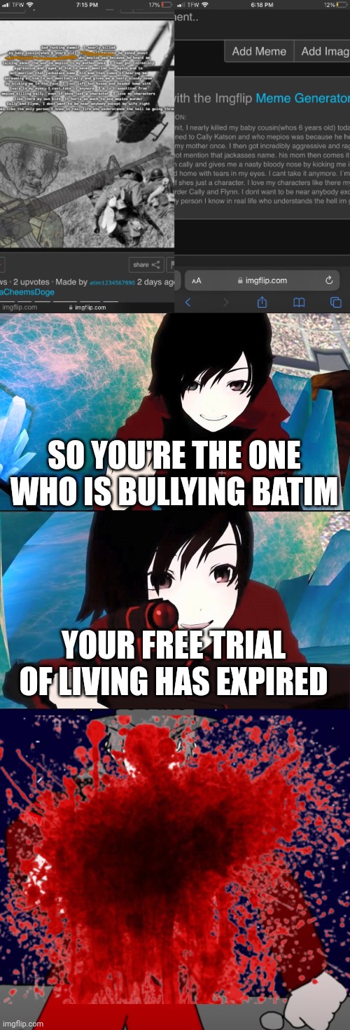 Ruby Put's an end on Mepios' terror | SO YOU'RE THE ONE WHO IS BULLYING BATIM; YOUR FREE TRIAL OF LIVING HAS EXPIRED | image tagged in rwby ruby,rwby | made w/ Imgflip meme maker