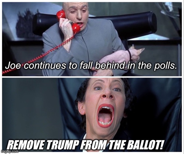 If you can’t beat him, remove him from the ballot | Joe continues to fall behind in the polls. REMOVE TRUMP FROM THE BALLOT! | image tagged in dr evil and frau yelling,politics lol,memes,government corruption,scared | made w/ Imgflip meme maker