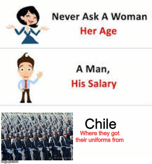 Dont ask | Chile; Where they got their uniforms from | image tagged in never ask a woman her age | made w/ Imgflip meme maker