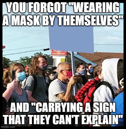 Picket Guy | YOU FORGOT "WEARING A MASK BY THEMSELVES" AND "CARRYING A SIGN THAT THEY CAN'T EXPLAIN" | image tagged in picket guy | made w/ Imgflip meme maker