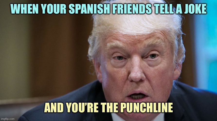 Trump no entiendo | WHEN YOUR SPANISH FRIENDS TELL A JOKE; AND YOU’RE THE PUNCHLINE | image tagged in trump dilated confused out of it,memes | made w/ Imgflip meme maker