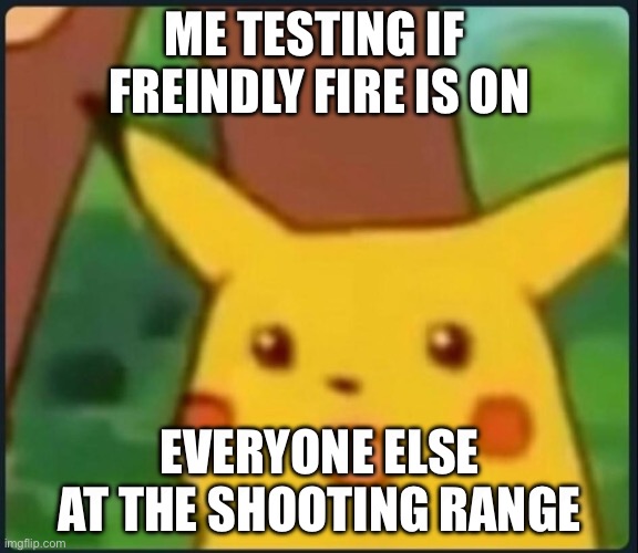 facts | ME TESTING IF  FREINDLY FIRE IS ON; EVERYONE ELSE AT THE SHOOTING RANGE | image tagged in surprised pikachu,true story,funny,memes,guns | made w/ Imgflip meme maker