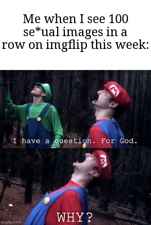 Why did this even exist? | Me when I see 100 se*ual images in a row on imgflip this week: | image tagged in i have a question for god,memes,funny,but why why would you do that | made w/ Imgflip meme maker