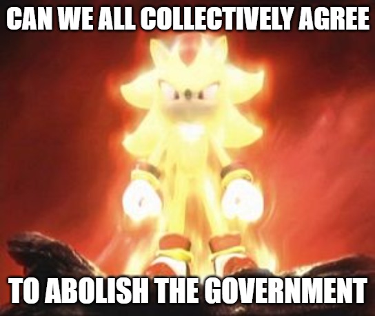 Authority is evil. | CAN WE ALL COLLECTIVELY AGREE; TO ABOLISH THE GOVERNMENT | image tagged in super shadow | made w/ Imgflip meme maker