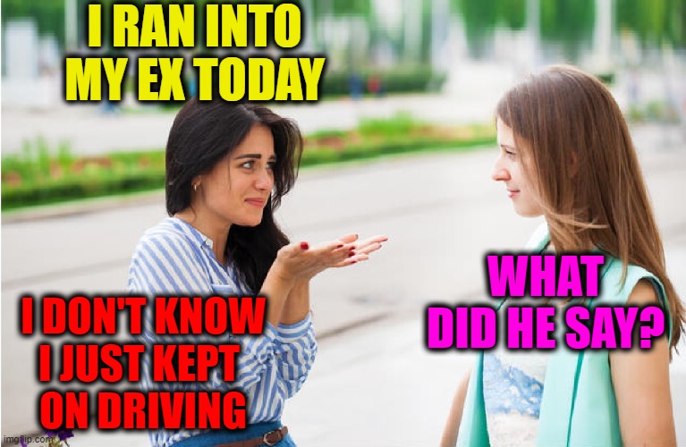 Wish I coulda stayed longer, but... | I RAN INTO MY EX TODAY; I DON'T KNOW
I JUST KEPT 
ON DRIVING; WHAT DID HE SAY? | image tagged in vince vance,memes,ex boyfriend,girl talk,hit and run,cartoons | made w/ Imgflip meme maker