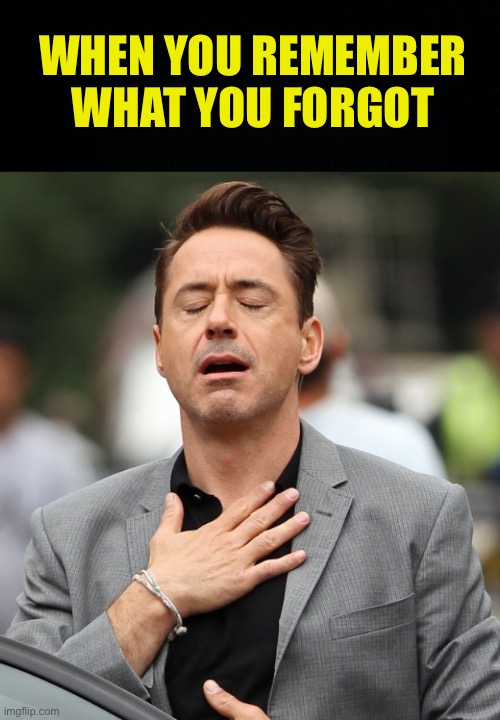 i forgot to season the baby and put it in the oven and put the chicken to sleep | WHEN YOU REMEMBER WHAT YOU FORGOT | image tagged in black background,relieved rdj,fresh memes,funny,memes | made w/ Imgflip meme maker
