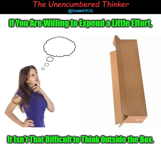 The Unencumbered Thinker | The Unencumbered Thinker; @OzwinEVCG; If You Are Willing to Expend a Little Effort, It Isn't That Difficult to Think Outside the Box. | image tagged in inside joke,cute lady thinking,carboard,deep thoughts,eyeroll meme,the thinker | made w/ Imgflip meme maker