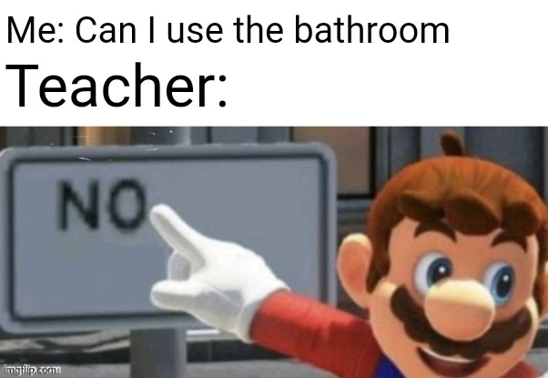 WHY | Me: Can I use the bathroom; Teacher: | image tagged in mario no sign | made w/ Imgflip meme maker