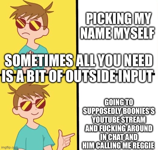 Ftm trans meme yes/no | PICKING MY NAME MYSELF; SOMETIMES ALL YOU NEED IS A BIT OF OUTSIDE INPUT; GOING TO SUPPOSEDLY BOONIES’S YOUTUBE STREAM AND FUCKING AROUND IN CHAT AND HIM CALLING ME REGGIE | image tagged in ftm trans meme yes/no | made w/ Imgflip meme maker